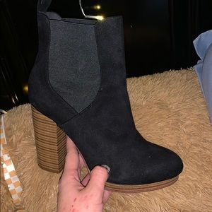 Black booties with wooden brown heel